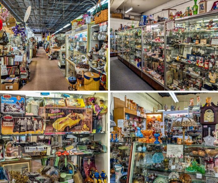 Exploring-Northgate-Antique-Mall-Carlisle-PA Collage of four photos taken inside the Northgate Antique Mall in Carlisle, PA, showing vendor booths filled with collectibles, toys, vintage glassware, and display cases featuring advertising memorabilia, Star Wars figures, Barbie dolls, and colorful depression glass, highlighting the mall's diverse selection of antiques from over 70 vendors.