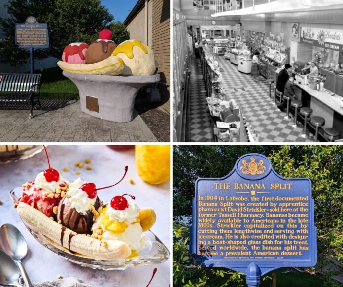 Exploring-The-Birthplace-of-the-Banana-Split-in-Latrobe A collage of four images from Latrobe, Pennsylvania, birthplace of the banana split, showing a large banana split sculpture beside a historical marker, a black and white view of Strickler's Drug Store interior with a soda fountain and customers, a close-up of a classic banana split with whipped cream and cherries in a glass dish, and a close-up of the blue and gold Pennsylvania historical marker detailing the 1904 creation of the banana split by David Strickler.