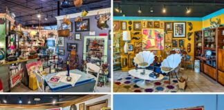 Collage of four images from the Lincoln Highway Hub in Allegheny County featuring vibrant vendor booths with vintage furniture, retro kitchenware, eclectic home décor, colorful collectibles, and the large roadside sign promoting the two-level antique mall with over 125 dealers.