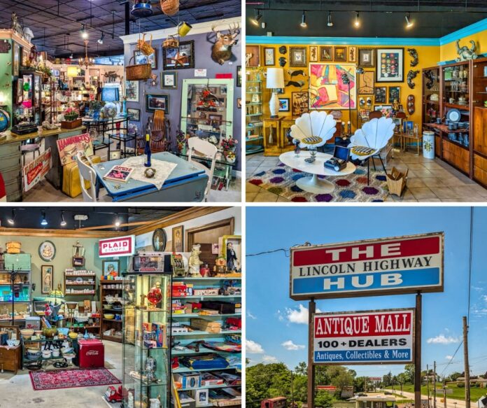 Exploring-The-Lincoln-Highway-Hub-Allegehny-County-PA Collage of four images from the Lincoln Highway Hub in Allegheny County featuring vibrant vendor booths with vintage furniture, retro kitchenware, eclectic home décor, colorful collectibles, and the large roadside sign promoting the two-level antique mall with over 125 dealers.