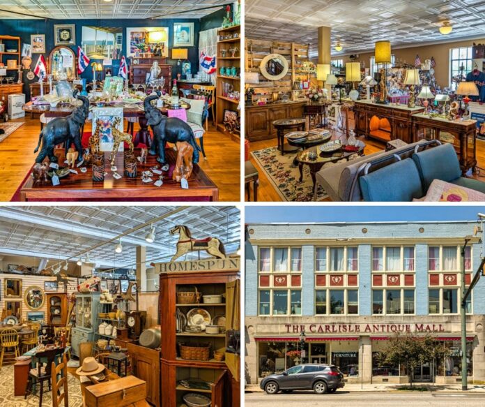 Exploring-the-Carlisle-Antique-Mall-Cumberland-County-PA A collage of four photos taken at the Carlisle Antique Mall in Cumberland County, Pennsylvania, featuring the building's colorful historic exterior, an interior booth filled with patriotic-themed artwork and animal figurines, a display of vintage lamps and furniture, and a cozy primitive-style area with antique dishware, chairs, and rustic cabinets under bright lighting and a detailed tin ceiling.