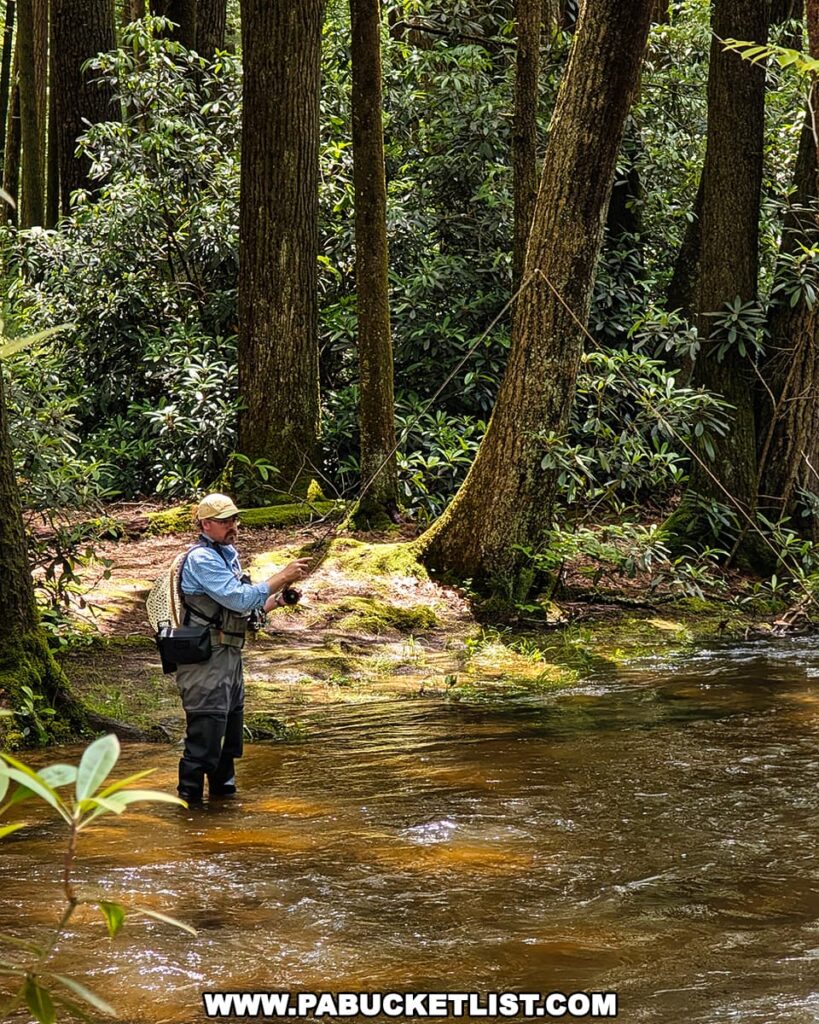 A trout fisherman along Standing Stone Creek in the Alan Seeger Natural Area.