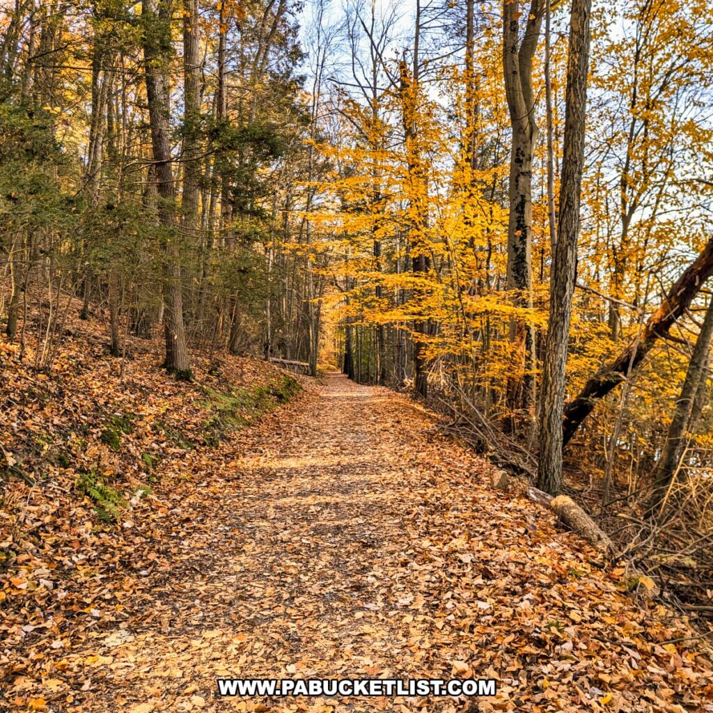 Leaf-covered Fisherman’s Trail at Little Buffalo State Park winding through a forest of trees with vibrant yellow and orange autumn foliage under a clear sky.