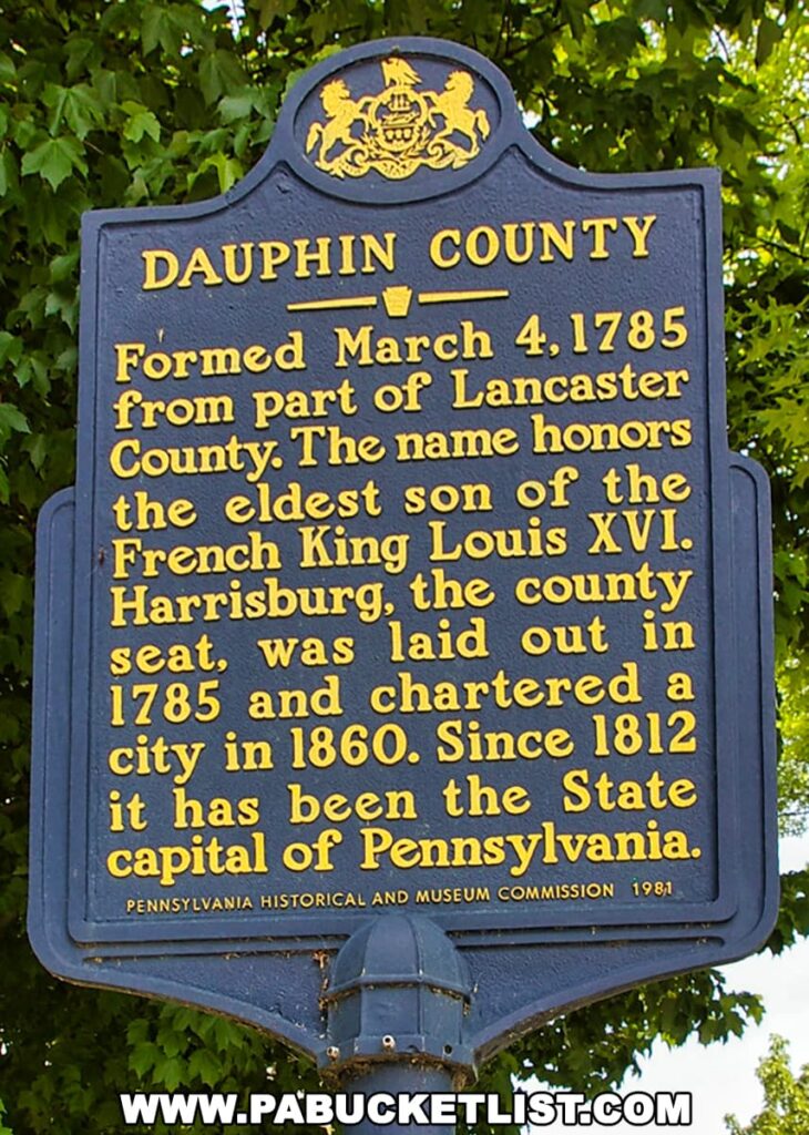 The Dauphin County historical marker in Harrisburg, PA.