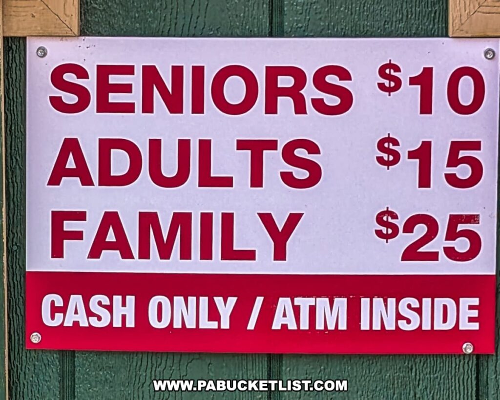 A sign listing admission prices at the Eagles Mere Air and Auto Museum in Sullivan County, Pennsylvania, showing rates of \$10 for seniors, \$15 for adults, and \$25 for a family, with a note indicating cash only payment and an ATM available inside, mounted on a green wooden wall near the entrance to the museum’s collection of classic aircraft, automobiles, and motorcycles.