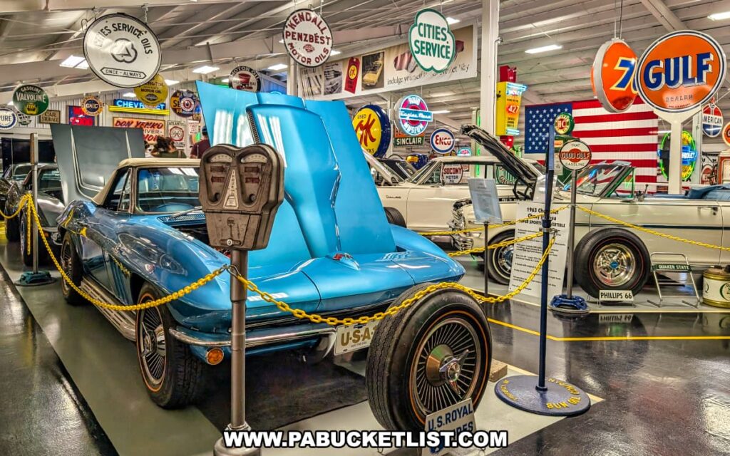 A bright blue classic Corvette convertible with its hood open on display at the Eagles Mere Air and Auto Museum in Sullivan County, Pennsylvania, surrounded by other vintage cars, retro gas station signs, and a large American flag in the background, capturing the nostalgic automotive atmosphere of the museum’s classic car collection.