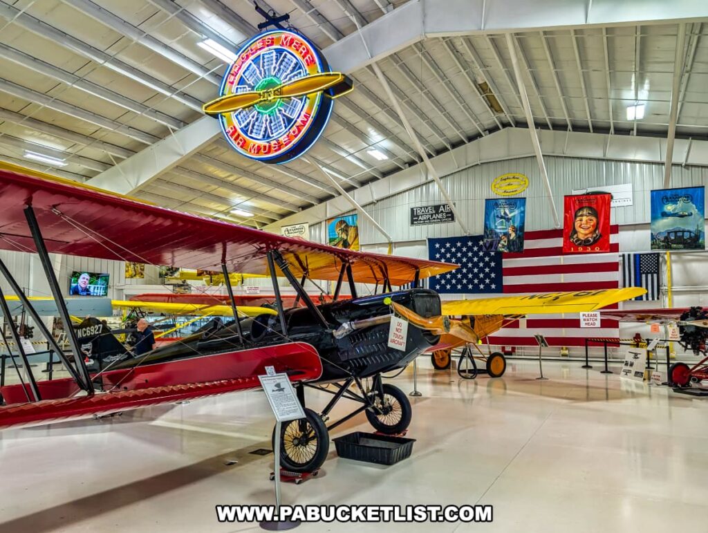 A row of colorful vintage biplanes on display inside a bright hangar at the Eagles Mere Air and Auto Museum in Sullivan County, Pennsylvania, with a large American flag on the wall, aviation banners hanging from the ceiling, and a neon Eagles Mere Air Museum sign overhead, showcasing the museum’s collection of historic aircraft.
