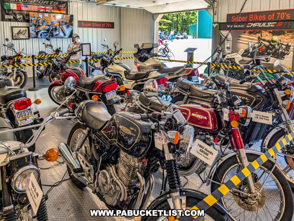 A collection of vintage Honda motorcycles from the 1970s and 1980s on display inside the Motorcycle Museum building at the Eagles Mere Air and Auto Museum in Sullivan County, Pennsylvania, with informational signs, a video screen showing motorcycle footage, and sunlight streaming in from an open door, showcasing the museum’s extensive classic motorcycle collection.