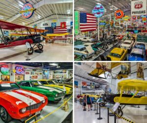 A collage of four photos from the Eagles Mere Air and Auto Museum in Sullivan County, Pennsylvania, showing colorful vintage biplanes in a bright hangar, rows of classic cars under retro neon signs and American flags, a lineup of red, green, and yellow muscle cars, and visitors viewing historic aircraft, capturing the museum’s extensive collection of classic automobiles, motorcycles, and aircraft in a nostalgic setting.