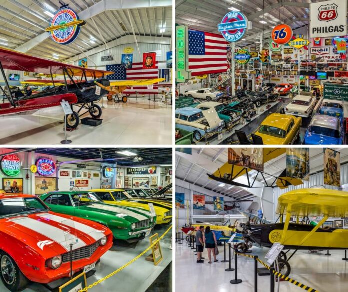 A collage of four photos from the Eagles Mere Air and Auto Museum in Sullivan County, Pennsylvania, showing colorful vintage biplanes in a bright hangar, rows of classic cars under retro neon signs and American flags, a lineup of red, green, and yellow muscle cars, and visitors viewing historic aircraft, capturing the museum’s extensive collection of classic automobiles, motorcycles, and aircraft in a nostalgic setting.