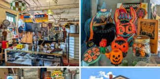 Collage of four photos from the Penn Avenue Trading Company in Newport, Perry County, PA, featuring interior views filled with vintage decor, tools, and collectibles, a festive Halloween display with retro decorations, a rustic section showcasing antique hand tools and advertising tins, and the exterior of the historic red brick building housing this two-story, multi-vendor antique store.
