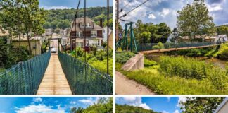 A collage of four photos showcasing the Hooversville Swinging Bridge in Somerset County, PA, featuring a view across the wooden walkway toward town, a side view of the bridge spanning the Stonycreek River, a scenic river landscape surrounded by trees, and a perspective from the opposite end highlighting the green metal supports.
