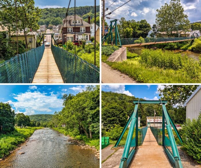 Exploring-the-Hooversville-Swinging-Bridge-in-Somerset-County-PA A collage of four photos showcasing the Hooversville Swinging Bridge in Somerset County, PA, featuring a view across the wooden walkway toward town, a side view of the bridge spanning the Stonycreek River, a scenic river landscape surrounded by trees, and a perspective from the opposite end highlighting the green metal supports.