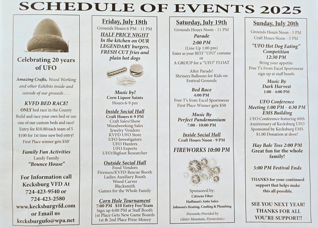 The event schedule for the 2025 Kecksburg UFO Festival in Westmoreland County, PA.