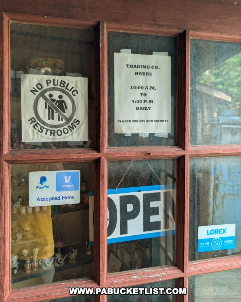 Close-up of the front door window at the Penn Avenue Trading Company in Newport, Perry County, PA, displaying signs indicating store hours (10:00 a.m. to 4:00 p.m. daily, closed Sundays and Mondays), a notice of no public restrooms, accepted payment methods including PayPal and Venmo, an open sign, and a video surveillance warning.