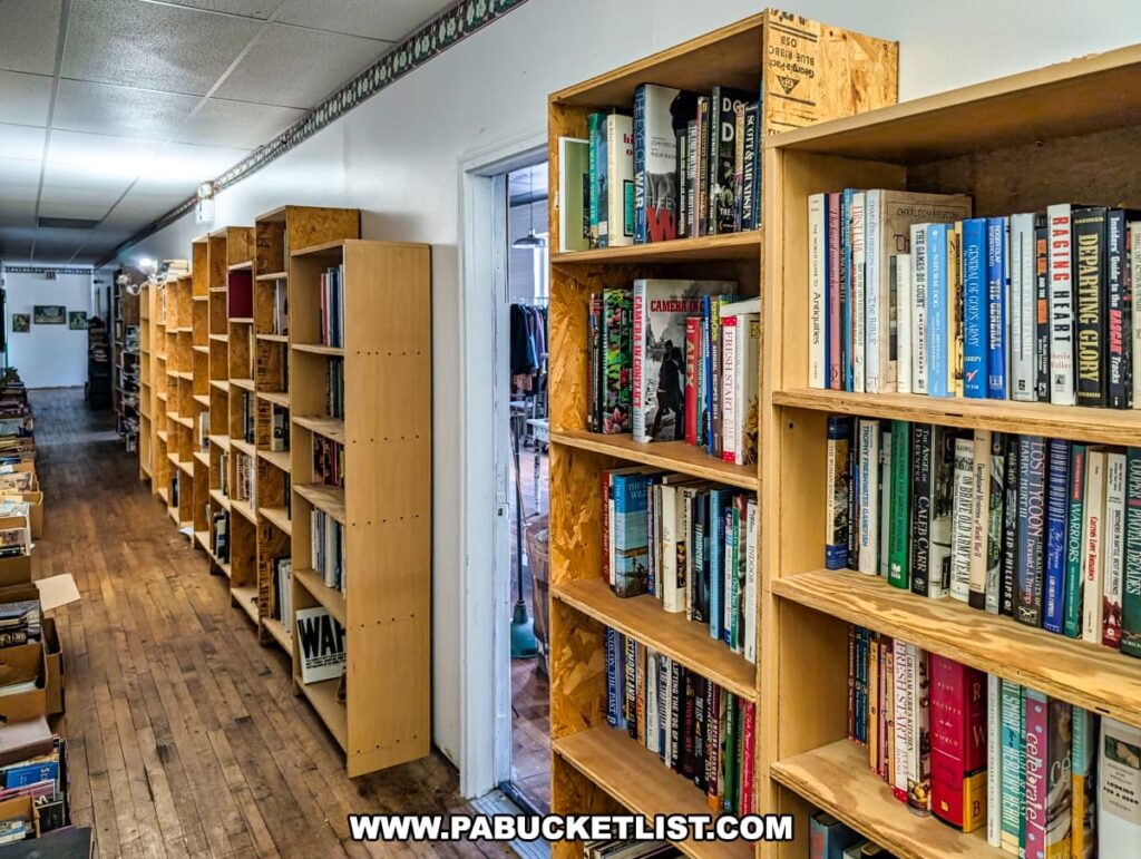 A long hallway on the second floor of the Penn Avenue Trading Company in Newport, Perry County, PA, lined with tall wooden bookshelves filled with vintage and secondhand books of various genres, with natural light streaming in from an adjacent room and hardwood floors adding to the rustic, bookstore-like atmosphere of this multi-vendor antique shop.