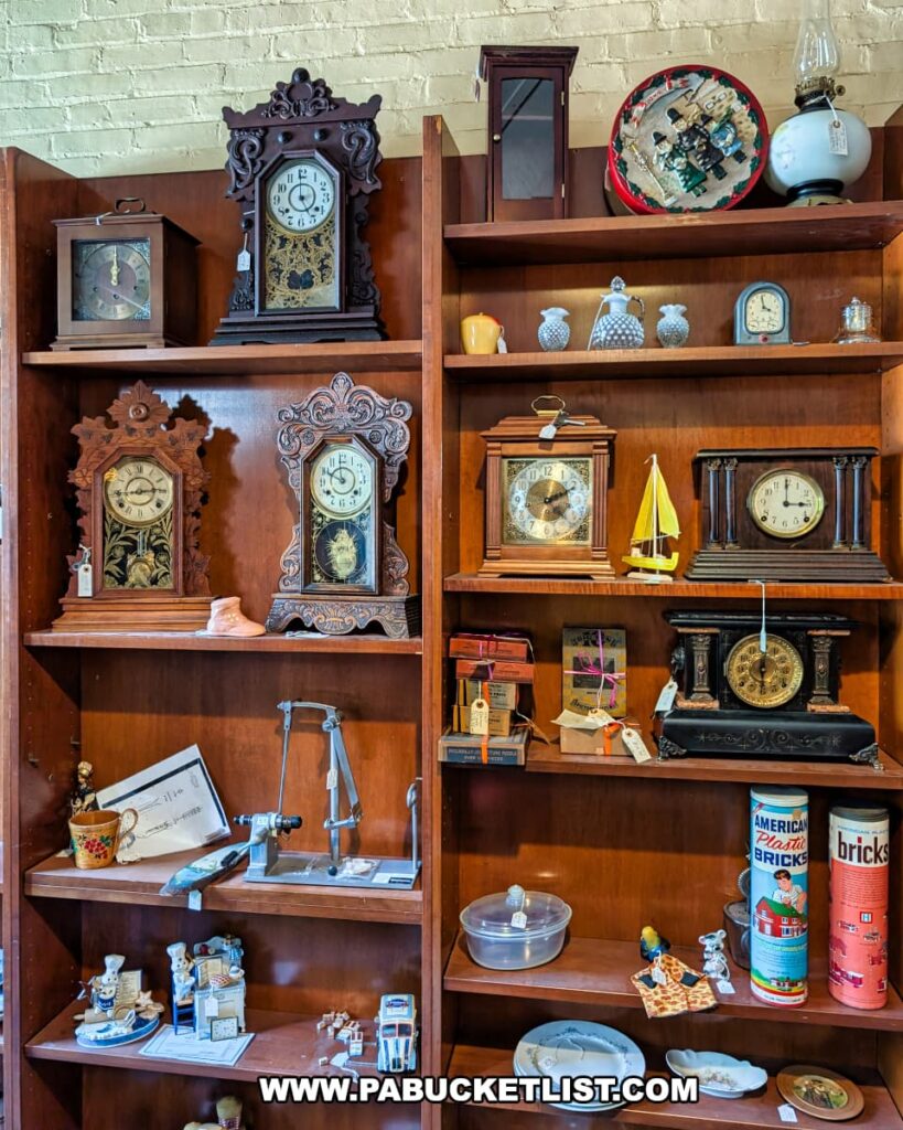Wooden shelves at the Penn Avenue Trading Company in Newport, Perry County, PA, displaying an assortment of ornate vintage clocks, antique tools, collectible toys, kitchenware, oil lamps, decorative vases, and nostalgic tins, all arranged against a cream-colored brick wall in this eclectic, multi-vendor antique shop.