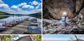 Collage of four scenic attractions in Perry County, Pennsylvania, including a dock extending into the calm waters of Little Buffalo State Park’s Holman Lake, a hiker exploring the dramatic interior of a tunnel, the historic Shoaff's Mill, and two hikers overlooking the Susquehanna River from a rocky vista near Hawk Rock.