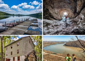 Collage of four scenic attractions in Perry County, Pennsylvania, including a dock extending into the calm waters of Little Buffalo State Park’s Holman Lake, a hiker exploring the dramatic interior of a tunnel, the historic Shoaff's Mill, and two hikers overlooking the Susquehanna River from a rocky vista near Hawk Rock.