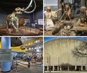 A collage of 4 images from the State Museum of Pennsylvania, including a mastodon, a diorama or prehistoric inhabitants, a PIper Cub airplane, and an exterior image of the museum.