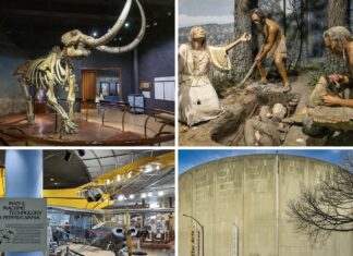 A collage of 4 images from the State Museum of Pennsylvania, including a mastodon, a diorama or prehistoric inhabitants, a PIper Cub airplane, and an exterior image of the museum.