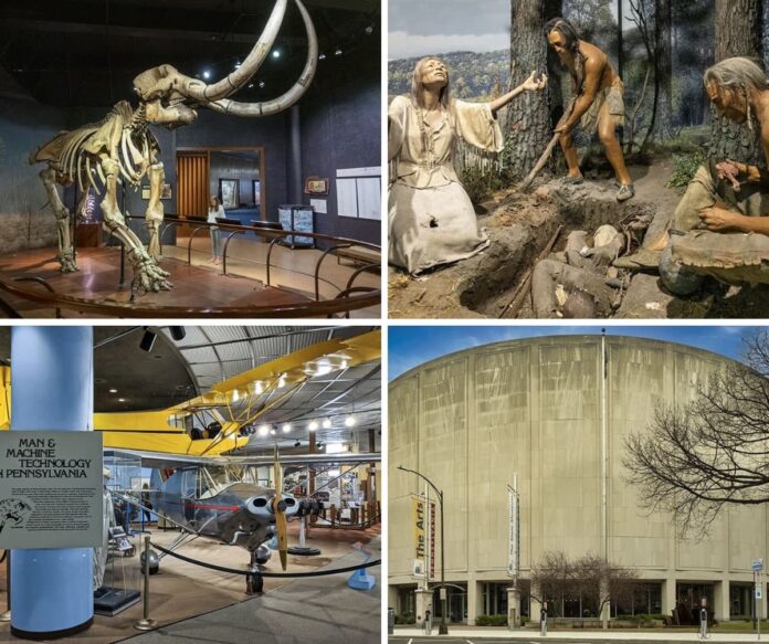 A collage of 4 images from the State Museum of Pennsylvania, including a mastodon, a diorama or prehistoric inhabitants, a PIper Cub airplane, and an exterior image of the museum.