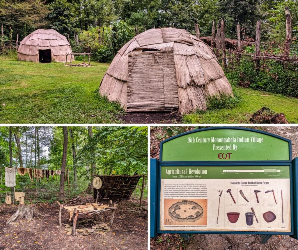 Collage of three photos at Meadowcroft Rockshelter and Historic Village in Washington County, PA, showing reconstructed 16th-century Monongahela Indian Village dwellings made of wood and reed, a forest clearing with hides drying on a line and tools displayed on a rustic workbench, and an interpretive sign describing the Agricultural Revolution and farming tools of the Eastern Woodland Indians.