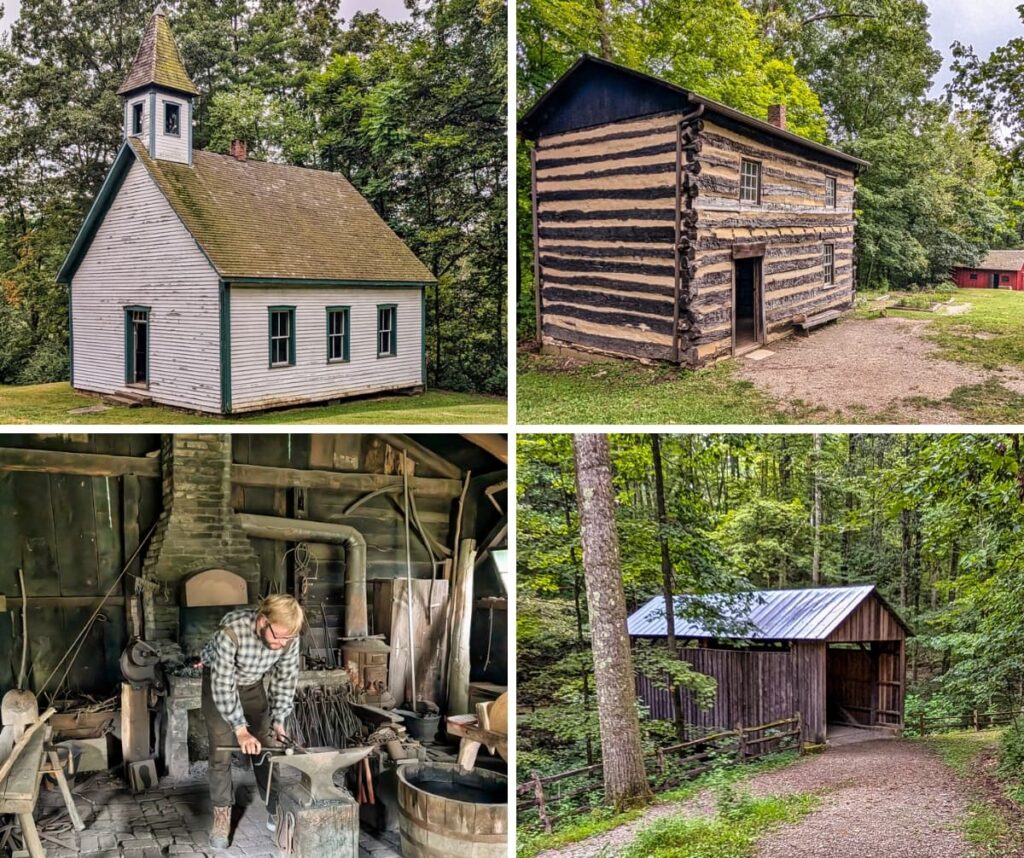 Collage of four photos at Meadowcroft Rockshelter and Historic Village in Washington County, PA, featuring a white 19th-century church with a steeple, a two-story log cabin with chinked walls, a blacksmith working at a forge inside a rustic workshop, and a wooden covered bridge surrounded by lush forest.