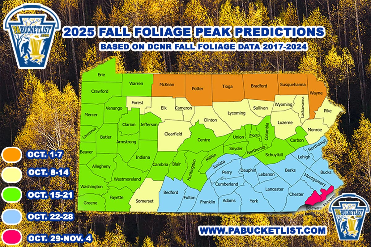 A map of Pennsylvania showing 2025 fall foliage historical trends, based on DCNR data.