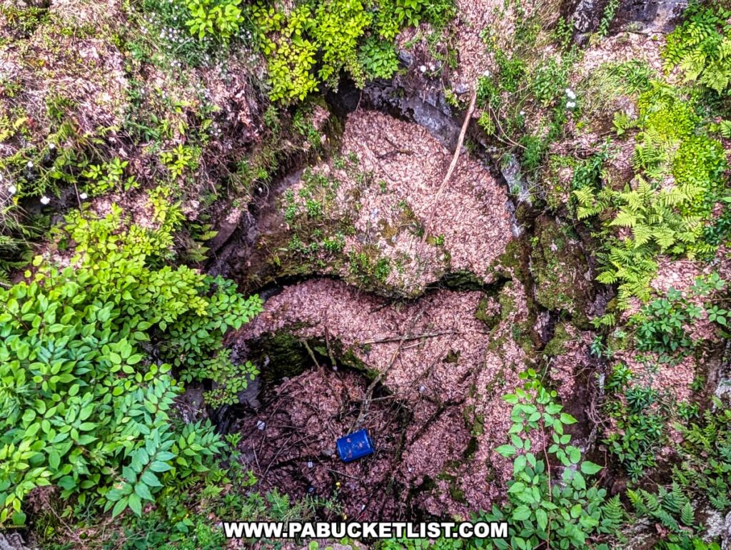 Looking down into the massive, leaf-filled glacial pothole at Archbald Pothole State Park in Lackawanna County, Pennsylvania, surrounded by moss-covered rock walls, ferns, and dense green foliage.
