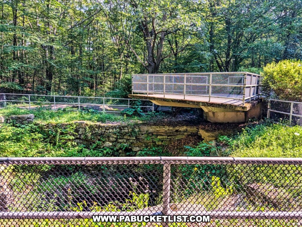 Cantilevered observation platform at Archbald Pothole State Park in Lackawanna County, Pennsylvania, extending over the rim of the massive glacial pothole and surrounded by forest trees, chain-link fencing, and lush greenery.
