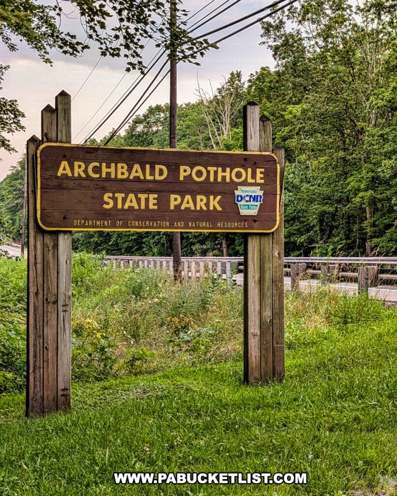 Wooden entrance sign for Archbald Pothole State Park along Business Route 6 in Lackawanna County, Pennsylvania, set against a backdrop of trees, power lines, and a grassy roadside area.
