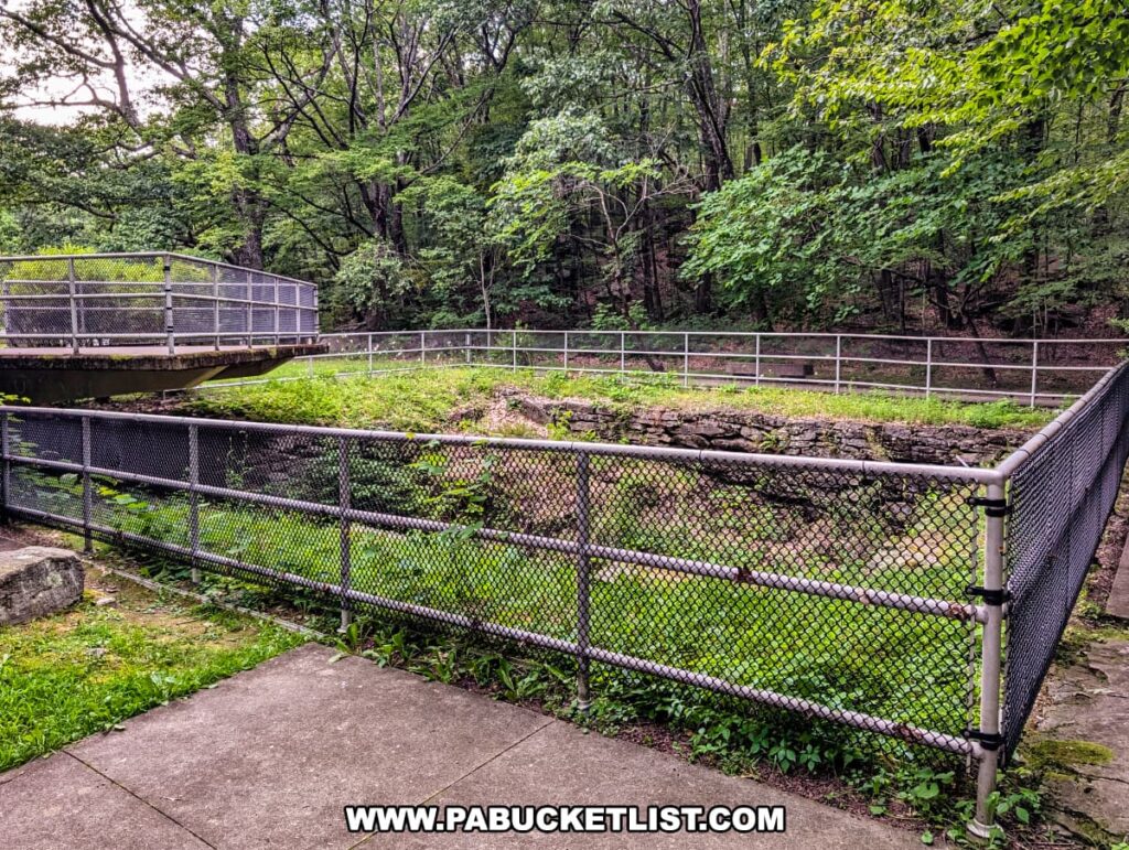 View of the fenced perimeter and cantilevered observation platform surrounding the massive glacial pothole at Archbald Pothole State Park in Lackawanna County, Pennsylvania, with a backdrop of dense forest and paved walkways.