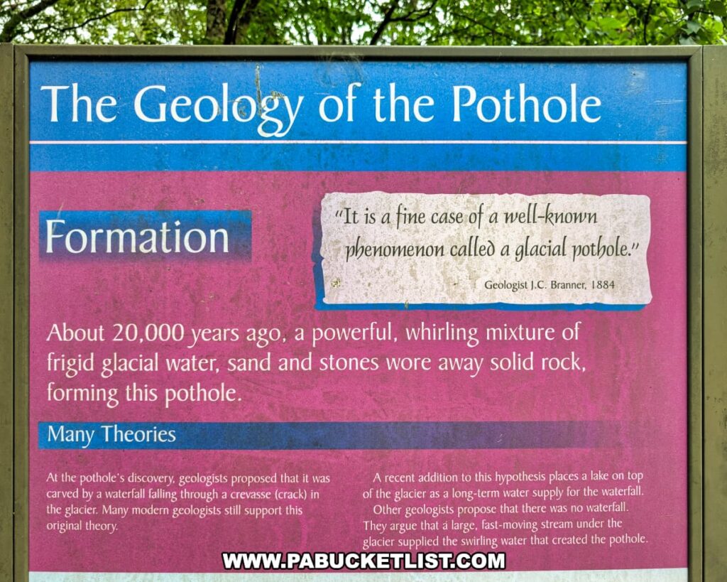 Interpretive sign at Archbald Pothole State Park in Lackawanna County, Pennsylvania, explaining the geological formation of the massive glacial pothole around 20,000 years ago by swirling glacial meltwater, sand, and stones, and presenting multiple scientific theories about how the pothole was created.
