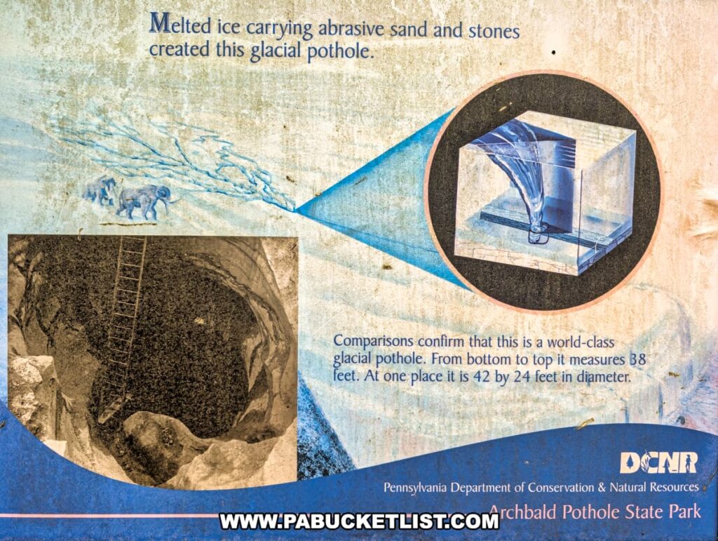Interpretive sign at Archbald Pothole State Park in Lackawanna County, Pennsylvania, illustrating how melted glacial ice carrying abrasive sand and stones formed the massive pothole, with diagrams and vintage photos highlighting its depth of 38 feet and a maximum diameter of 42 by 24 feet.