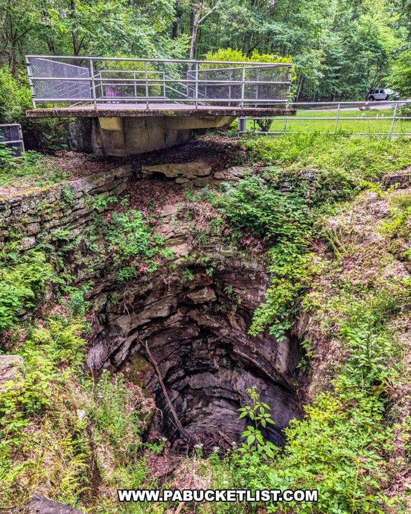 Side view of the massive glacial pothole at Archbald Pothole State Park in Lackawanna County, Pennsylvania, with a cantilevered observation deck extending over the edge and surrounded by lush greenery, stone walls, and forested surroundings.