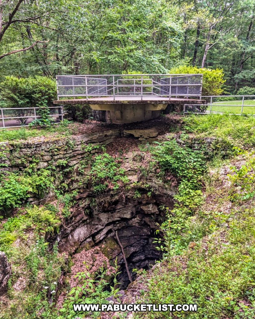 The massive glacial pothole at Archbald Pothole State Park in Lackawanna County, Pennsylvania, with its steep rocky walls and debris-covered bottom, sits beneath a cantilevered observation deck surrounded by greenery and forest.