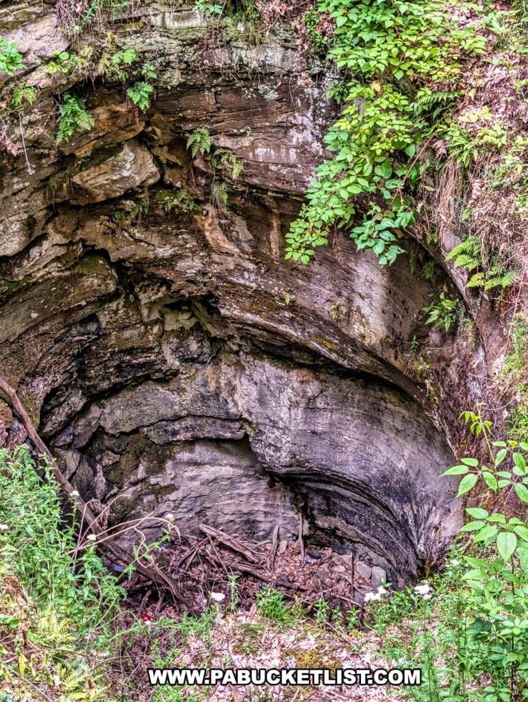 Close-up view of the interior walls of the massive glacial pothole at Archbald Pothole State Park in Lackawanna County, Pennsylvania, showing curved striations in the exposed bedrock, scattered debris at the bottom, and vegetation clinging to the rocky edges.