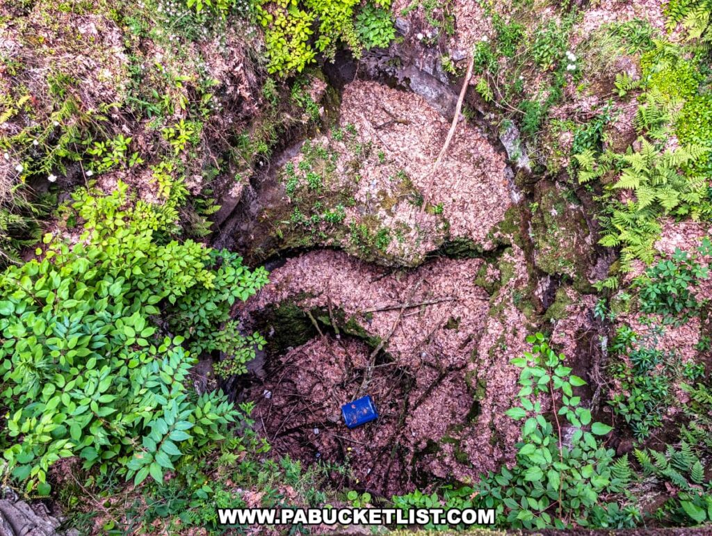 Looking straight down into the massive glacial pothole at Archbald Pothole State Park in Lackawanna County, Pennsylvania, where the rocky, leaf-covered interior is surrounded by lush vegetation, moss, and ferns clinging to the steep walls.