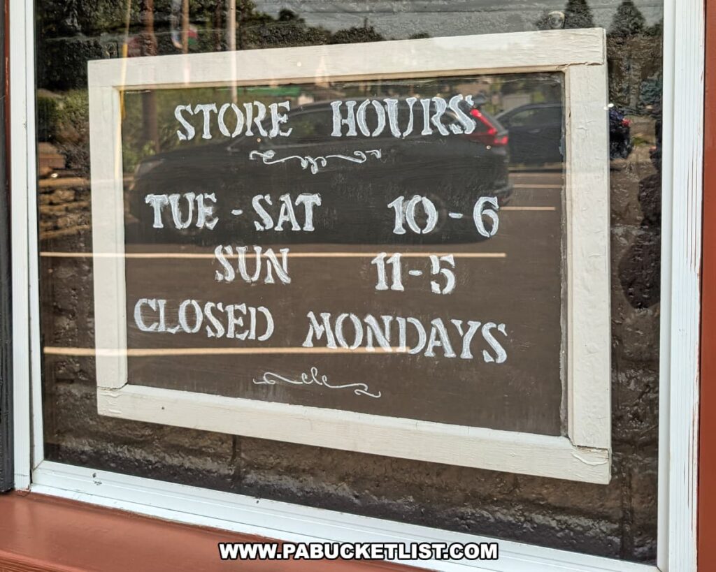 Hand-painted store hours sign in the window of Central Station Antiques in Scranton, PA showing the shop open Tuesday through Saturday 10–6, Sunday 11–5, and closed Mondays.