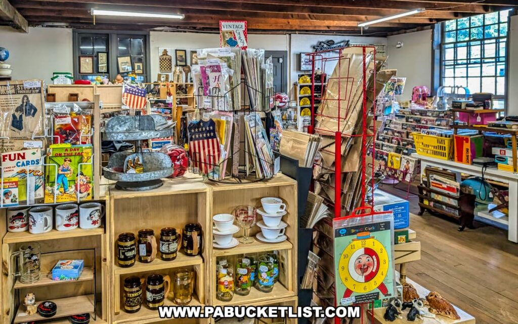Colorful display at Central Station Antiques in Scranton, PA featuring racks of vintage greeting cards, shelves of mugs and glassware, retro toys, records, and nostalgic collectibles arranged under exposed wooden beams.