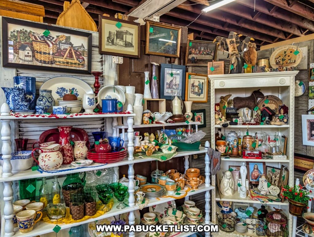 Colorful shelves at Central Station Antiques in Scranton, PA filled with vintage kitchenware, ceramic pitchers, glassware, figurines, religious collectibles, and framed artwork displayed against rustic wooden walls.