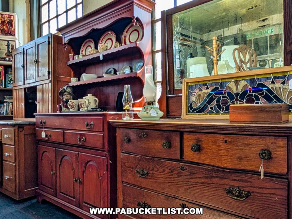 Vintage wooden furniture display at Central Station Antiques in Scranton, PA featuring oak and cherry dressers, a hutch with decorative dishware, and a framed stained glass panel set against large industrial windows.
