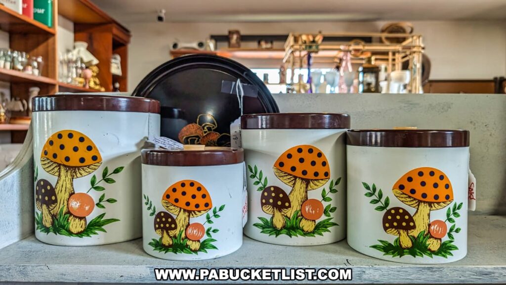 Set of vintage kitchen canisters with brown lids and colorful mushroom designs displayed on a shelf at Central Station Antiques in Scranton, PA.