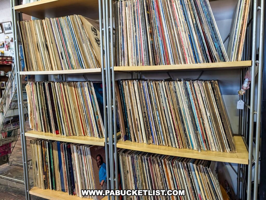 Shelves filled with rows of vintage vinyl records in colorful sleeves at Central Station Antiques in Scranton, PA, offering a wide variety of classic albums for collectors and music enthusiasts.