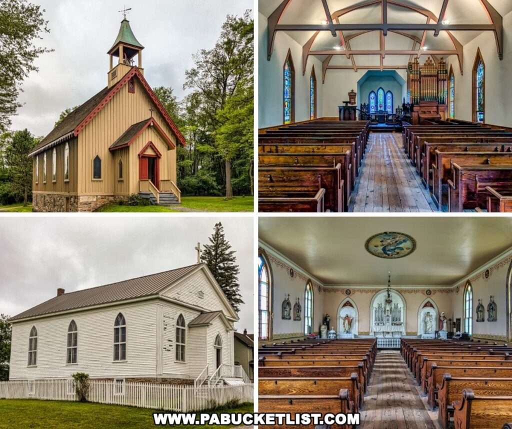 Collage of four photos showing two historic churches at Eckley Miners’ Village in Luzerne County, Pennsylvania, with exterior views of a tan Gothic-style chapel and a white wooden church, alongside interior views featuring wooden pews, stained glass windows, pipe organs, religious statues, and ornate altars that reflect the preserved 19th-century coal patch town’s cultural and spiritual heritage.