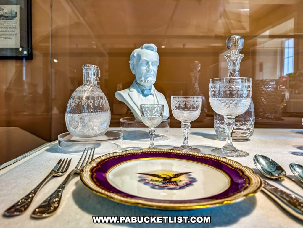 Display at the Dorflinger Factory Museum in Wayne County, PA, featuring glassware designed for President Abraham Lincoln, with a bust of Lincoln and a presidential seal plate.