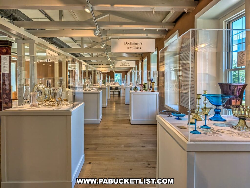 Exhibit hall at the Dorflinger Factory Museum in Wayne County, PA, showcasing colorful and intricately crafted glassware in well-lit display cases.