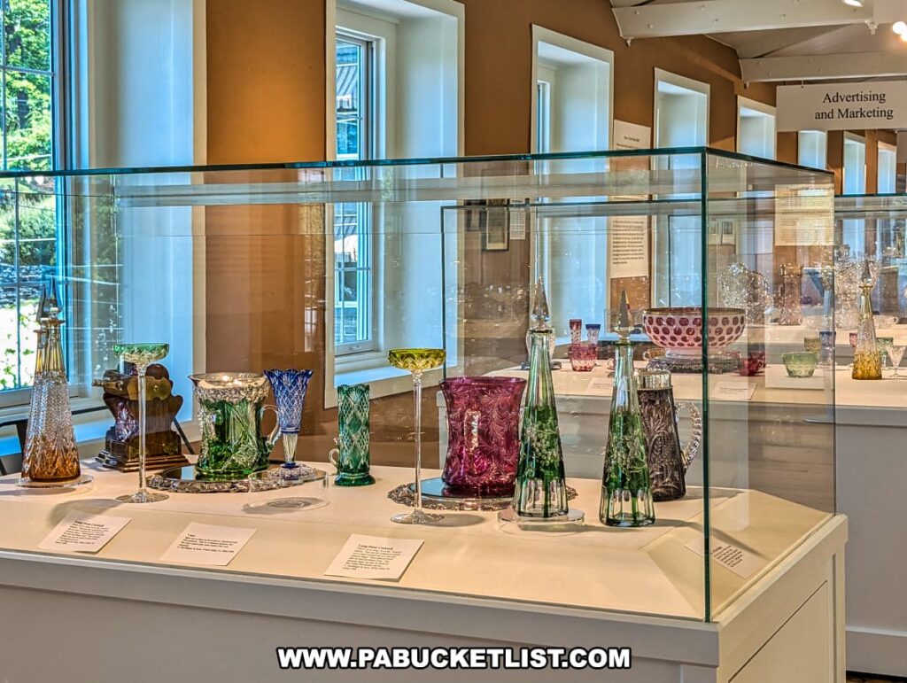 Display case at the Dorflinger Factory Museum in Wayne County, PA, featuring an array of colorful, intricately designed glass vases, goblets, and pitchers.