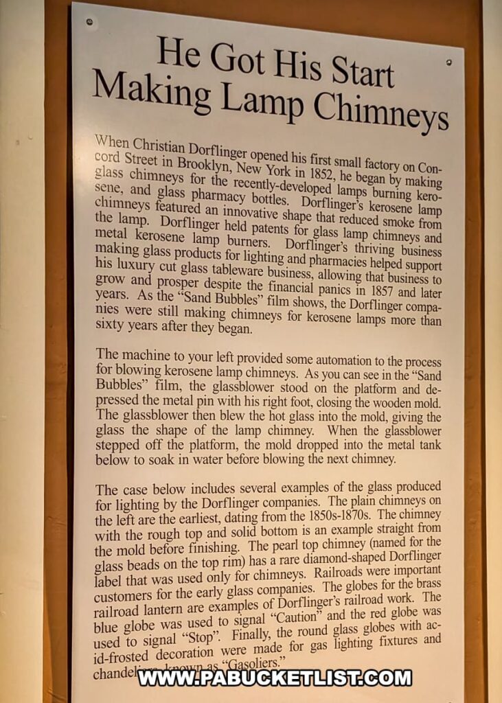 Informational sign at the Dorflinger Factory Museum in Wayne County, PA, detailing how Christian Dorflinger began his glassmaking career producing kerosene lamp chimneys and other glass products for lighting and pharmacies.